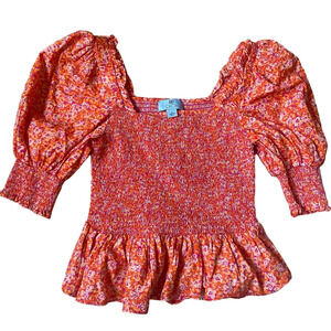 Cece Vibrant Orange Pink Floral Blouse Smocked Peplum Puff Sleeve Small